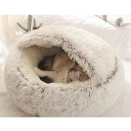 Soft Plush Pet Bed with Cover Round Cat Bed Pet Mattress Warm Cat Dog 2 in 1 Sleeping Nest Cave for Small Dogs