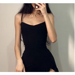 Summer Sexy Mini Dress Women Sleeveless Strap Streetwear Backless Folds Bodycon Split Black Dress Party Elegant A-LINE Dresses